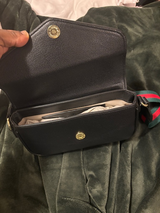 Black Leather Crossbody with Red-Green Web Stripe Strap - Picture 5 of 6